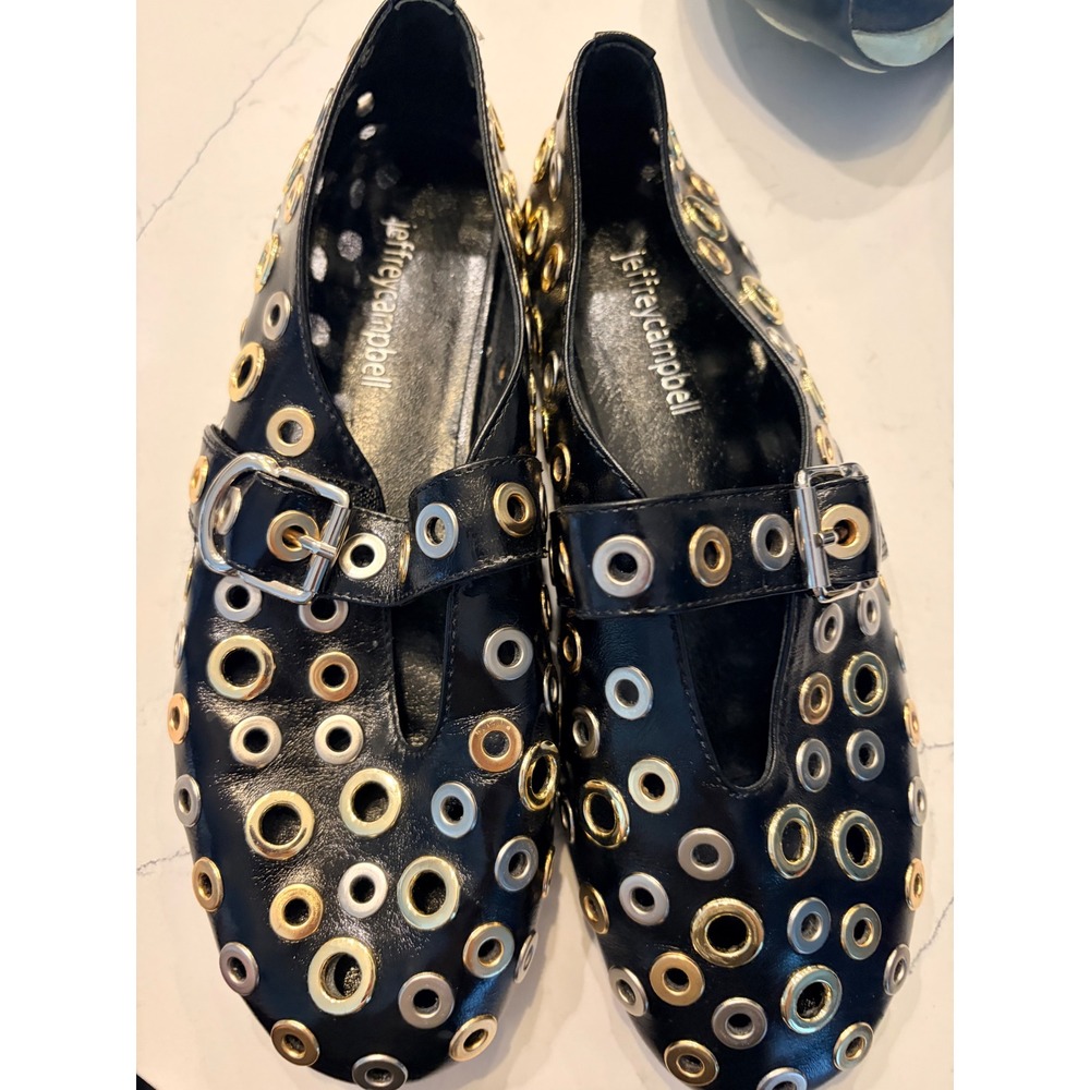 Jeffrey Campbell Mary Jane Flats Black Mixed Metal Grommet Eyelet Buckle Shoes